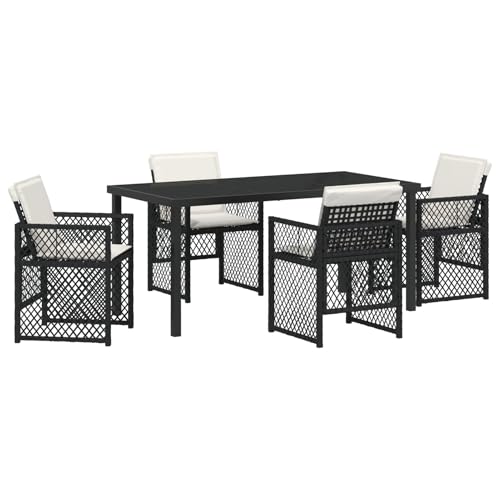 Homgoday 5 teiliges Garten Essset mit Kissen Schwarz Poly Rattan, Gartentisch Schwarz 160x80x73 cm Sicherheitsglas Outdoor M?Bel mit Sessel Model3380619 von Homgoday