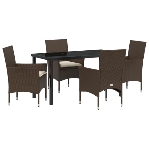 Homgoday 5-teiliges Garten Esstisch Set mit Kissen Braunes Poly-Rattan, Gartentisch Schwarz 140x80x73 cm Einscheibensicherheitsglas Outdoor M?Bel mit Sessel Model3379781 von Homgoday