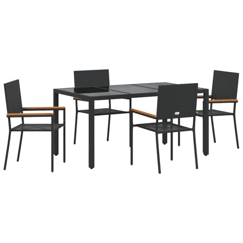 Homgoday 5-teiliges Garten Esszimmer Set Schwarz Poly-Rattan, Stapelbare Gartenstühle mit Kissen - 2-teiliges Set in Schwarz Poly-Rattan Outdoor M?Bel mit Sessel Model3365390 von Homgoday