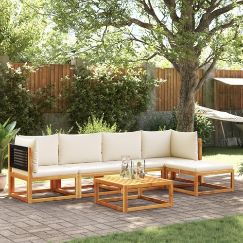 Homgoday 6-TLG. Garten-Sofagarnitur mit Kissen Gartenmöbel Gartenlounge Gartensofa Set Balkonmöbel Sitzgruppe Massivholz Akazie Schwarz und Creme(2X Eckteil + 2X Mittelteil + Fußstütze + Tisch) von Homgoday