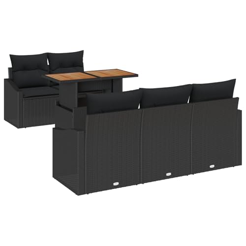 Homgoday 6 Teiliges Garten Esstisch Set mit Kissen Schwarz Poly Rattan Akazie Outdoor M?Bel mit Sessel Model3349778 von Homgoday