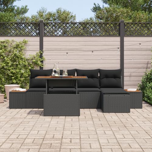 Homgoday 6-teilige Garten-Essgruppe mit Kissen Schwarzes Poly-Rattan Akazie Gartenmöbel Set Terassenmöbel Außen von Homgoday