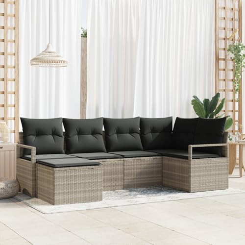 Homgoday 6-teiliges Garten-Sofa-Set mit Kissen in Hellgrau Poly-Rattan Lounge Möbel Outdoor von Homgoday