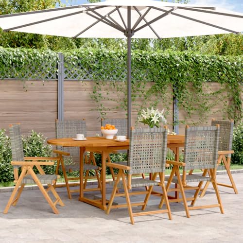 Homgoday 7-TLG. Garten-Essgruppe Poly Rattan und Massivholz Grau Gartenmöbel Set Möbelsets Balkonmöbel Terrassenmöbel Gartentisch mit Stühle Möbel Sitzgruppe für Garten Terrasse Balkon von Homgoday