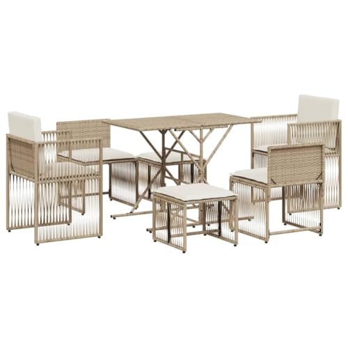 Homgoday 7-TLG. Garten-Essgruppe mit Kissen Beige Poly Rattan Gartenmöbel Set Möbelsets Balkonmöbel Terrassenmöbel Gartentisch mit Stühle Sitzgruppe Möbel für Terrasse Garten Balkon von Homgoday