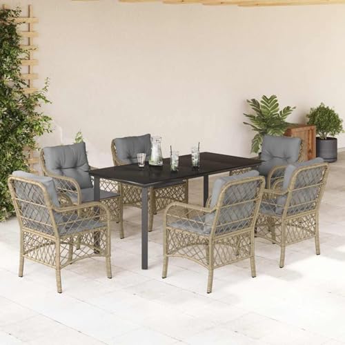 Homgoday 7-TLG. Garten-Essgruppe mit Kissen Beigemischung Poly Rattan Gartenmöbel Set Model3212163 von Homgoday