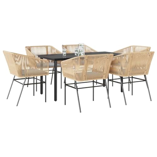 Homgoday 7-TLG. Garten-Essgruppe mit Kissen Braun Poly Rattan Glas Gartengarnitur Sitzgruppe Balkonmöbel Gartentisch mit Stühle Esszimmergruppe Gartenmöbel für Terrasse, Balkon von Homgoday