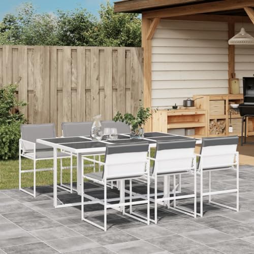 Homgoday 7-TLG. Garten-Essgruppe mit Kissen Weiß Textilene Gartenmöbel Set Möbelsets Balkonmöbel Sitzgruppe Gartentisch mit Stühle Terrassenmöbel Möbel für Garten Balkon Terrasse von Homgoday