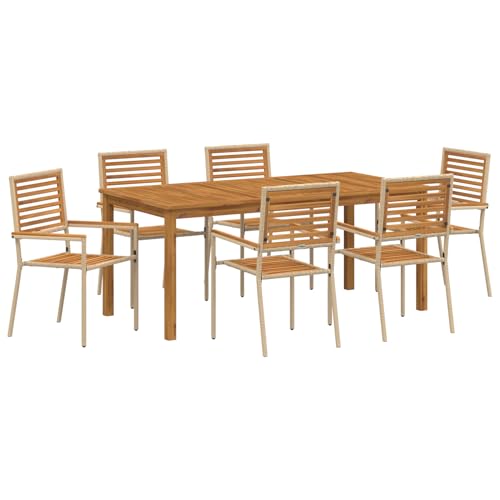 Homgoday 7 Teiliges Garten Essgruppe Beige Poly Rattan Akazie, Stapelbare Gartenstühle mit Kissen - Set aus 2 in Beige Poly Rattan Outdoor M?Bel mit Sessel Model3365543 von Homgoday