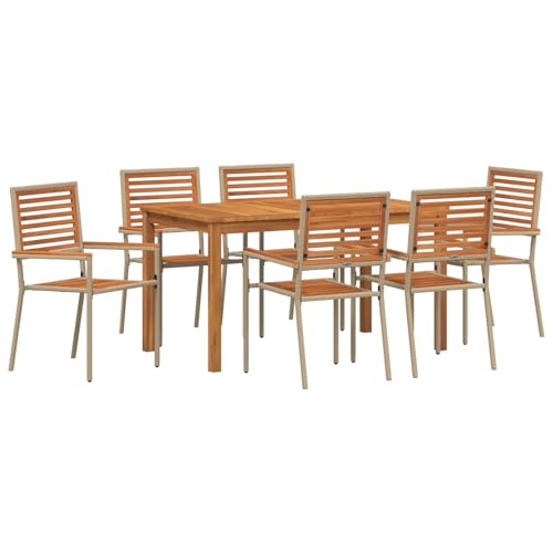 Homgoday 7-teilige Garten Essgruppe Beige Poly Rattan Akazie, stapelbare Gartenstühle mit Kissen - Set von 2 in Beige Poly Rattan Outdoor M?Bel mit Sessel Model3365540 von Homgoday