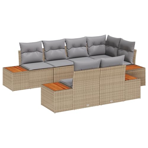 Homgoday 7-teilige Garten Sofa Set mit Kissen Beige Poly Rattan Akazie Lounge Möbel Outdoor von Homgoday