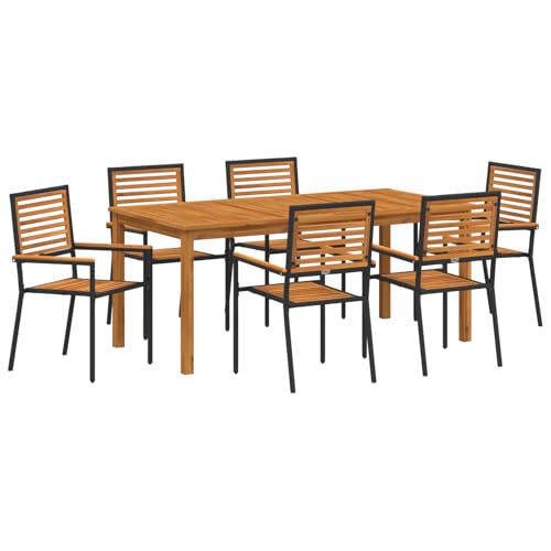 Homgoday 7-teiliges Garten Dining Set Schwarz Poly Rattan Akazie, Stapelbare Gartenstühle mit Kissen 2 Stück Schwarz Poly Rattan Outdoor M?Bel mit Sessel Model3365541 von Homgoday