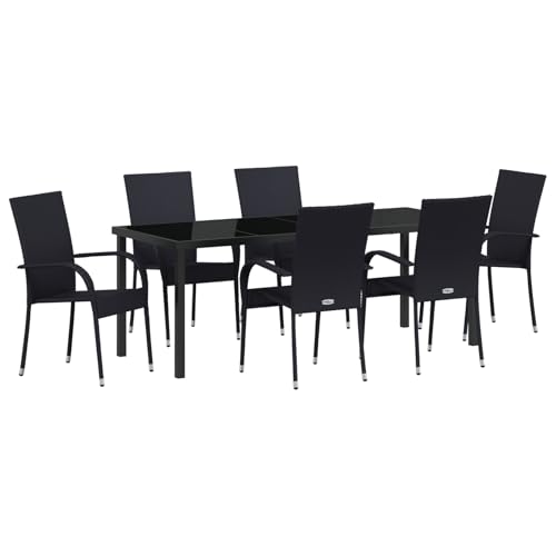 Homgoday 7-teiliges Garten-Essenset in schwarzem Poly-Rattan Outdoor M?Bel mit Sessel Model3379406 von Homgoday