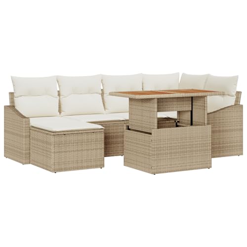Homgoday 7-teiliges Garten Essgruppe mit Kissen Beige Poly Rattan Akazie Outdoor M?Bel mit Sessel Model3349861 von Homgoday