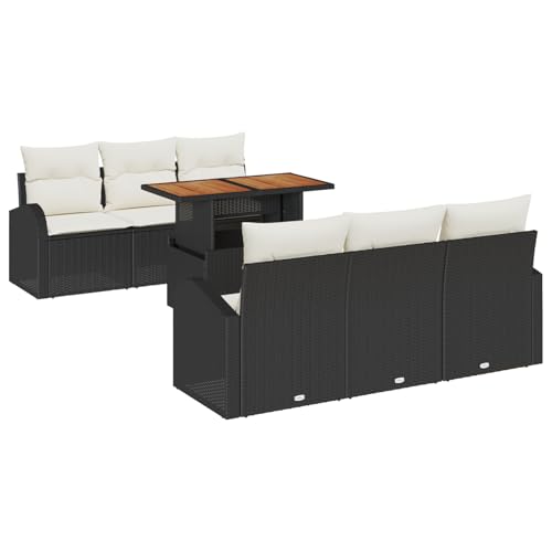 Homgoday 7-teiliges Garten Essgruppe mit Kissen Schwarz Poly Rattan Akazie Outdoor M?Bel mit Sessel Model3349529 von Homgoday
