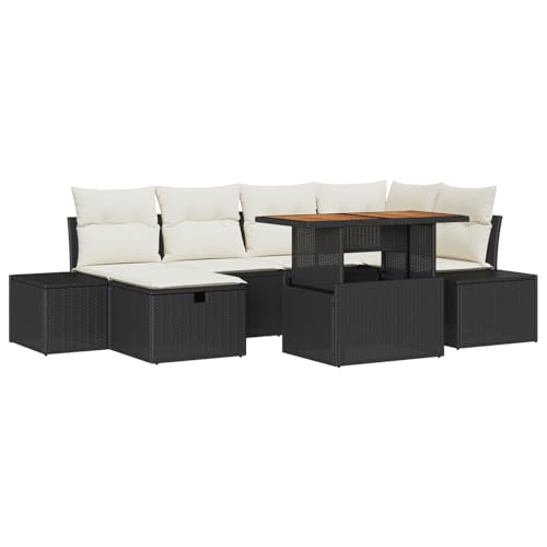 Homgoday 7-teiliges Garten Essgruppe mit Kissen Schwarz Poly Rattan Akazie Outdoor M?Bel mit Sessel Model3361383 von Homgoday