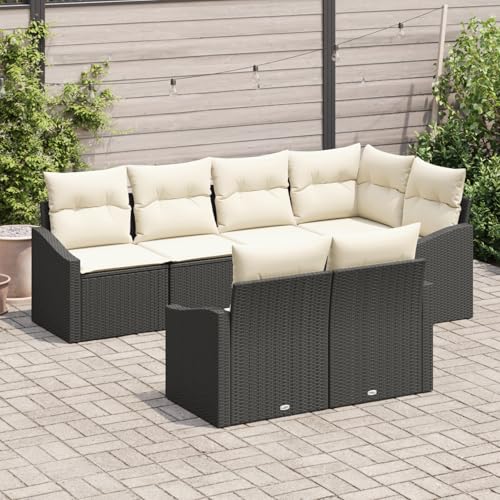 Homgoday 7-teiliges Garten Esstisch Set mit Kissen Schwarz Poly Rattan Gartenmöbel Set Terassenmöbel Außen von Homgoday