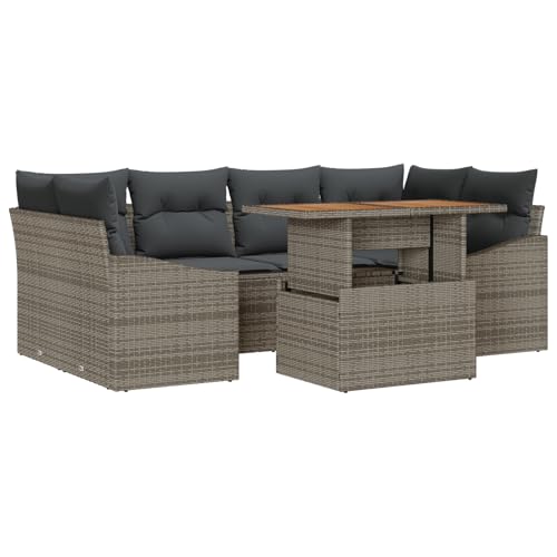 Homgoday 7-teiliges Garten-Esszimmer-Set mit Kissen Grau Poly Rattan Akazie Outdoor M?Bel mit Sessel Model3349789 von Homgoday