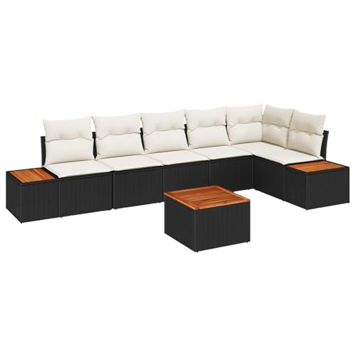 Homgoday 7-teiliges Garten-Sofa-Set mit Kissen Schwarz Poly-Rattan Akazie Lounge Möbel Outdoor von Homgoday