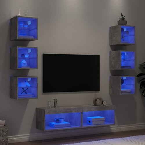 Homgoday 8-TLG. Wohnwand mit LED-Beleuchtung Betongrau Holzwerkstoff Medienkabinett Model3216636 von Homgoday
