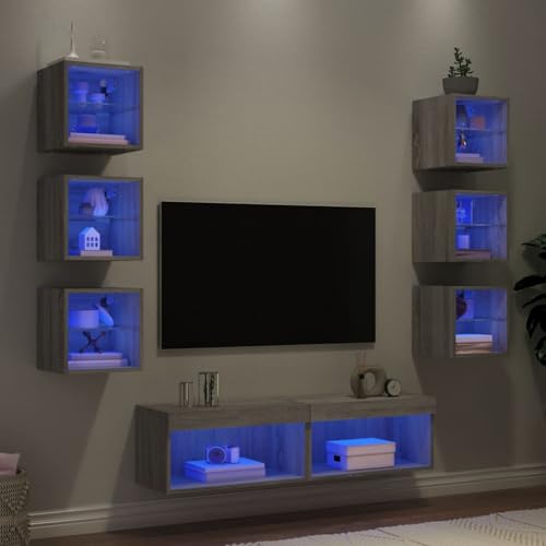 Homgoday 8-TLG. Wohnwand mit LED-Beleuchtung Grau Sonoma Holzwerkstoff Wandschrank Model3216638 von Homgoday