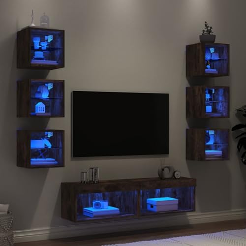 Homgoday 8-TLG. Wohnwand mit LED-Beleuchtung Räuchereiche Holzwerkstoff Wandschrank Model3216637 von Homgoday