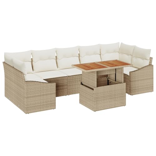 Homgoday 8-teiliges Garten Esszimmer Set mit Kissen Beige Poly Rattan Akazie Outdoor M?Bel mit Sessel Model3349805 von Homgoday
