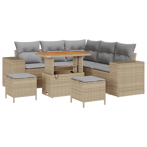 Homgoday 8-teiliges Garten Sofa Set mit Kissen Beige Poly Rattan Akazie Lounge Möbel Outdoor von Homgoday