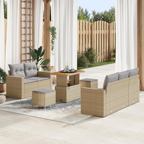 Homgoday 8-teiliges Garten-Sofa-Set mit Kissen Beige Poly Rattan Akazie Lounge Möbel Outdoor von Homgoday