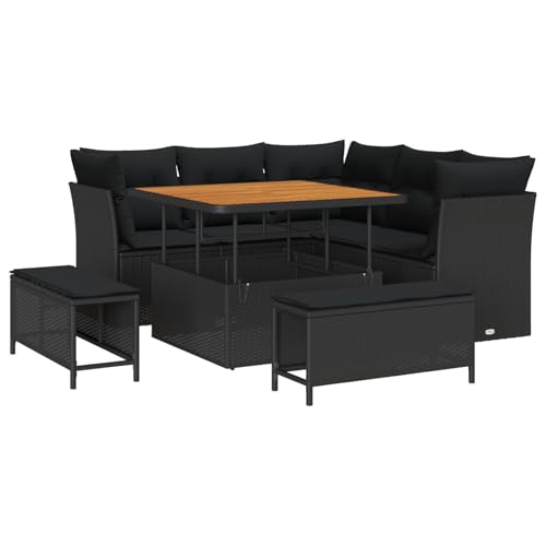 Homgoday 8-teiliges Garten Sofa Set mit Kissen Schwarz Poly Rattan Akazie, 3-teiliges Garten ESS-Set mit Kissen Schwarz Poly Rattan Akazie Outdoor M?Bel mit Sessel Model3361474 von Homgoday