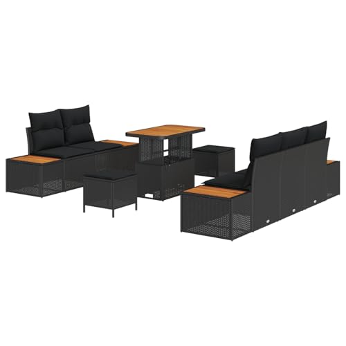 Homgoday 8-teiliges Garten-Sofa-Set mit Kissen Schwarz Poly-Rattan Akazie, 3-teiliges Gartentisch-Set mit Kissen Schwarz Poly-Rattan Akazie Sofa Im Freien Model3362859 von Homgoday