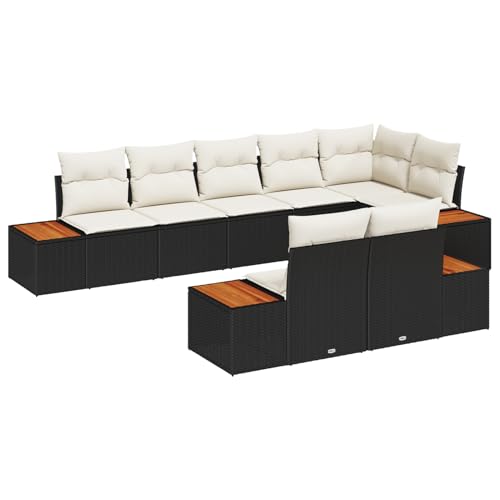 Homgoday 8-teiliges Garten Sofa Set mit Kissen Schwarz Poly Rattan Akazie Lounge Möbel Outdoor von Homgoday
