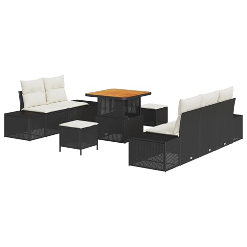 Homgoday 8-teiliges Garten Sofa Set mit Kissen Schwarz Poly Rattan Akazie Lounge Möbel Outdoor von Homgoday