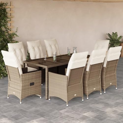 Homgoday 9-TLG. Garten-Essgruppe mit Kissen Beige Poly Rattan Gartenmöbel Set Möbelsets Balkonmöbel Terrassenmöbel Sitzgruppe Gartentisch mit Stühle Möbel für Terrasse Balkon Garten von Homgoday