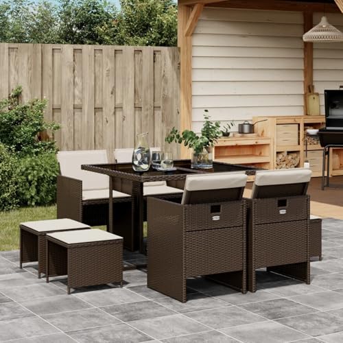 Homgoday 9-TLG. Garten-Essgruppe mit Kissen Braun Poly Rattan Gartenmöbel Set Möbelsets Terrassenmöbel Balkonmöbel Gartentisch mit Stühle Möbel Sitzgruppe für Balkon Garten Terrasse von Homgoday