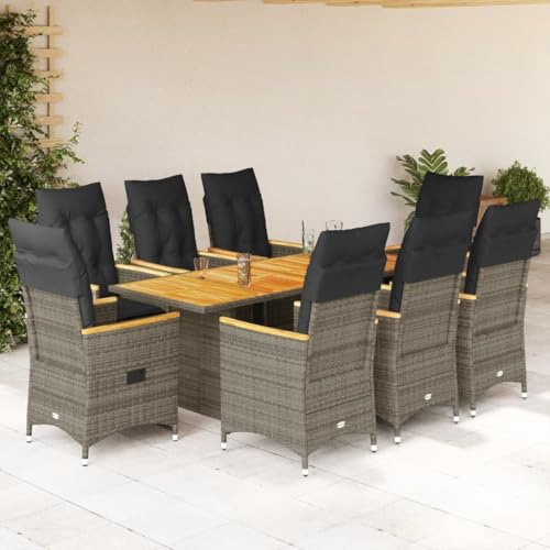 Homgoday 9-TLG. Garten-Essgruppe mit Kissen Grau Poly Rattan, Gartenmöbel Set Möbelsets Balkonmöbel Gartentisch mit Stühle Sitzgruppe Terrassenmöbel Möbel für Balkon Terrasse Garten von Homgoday