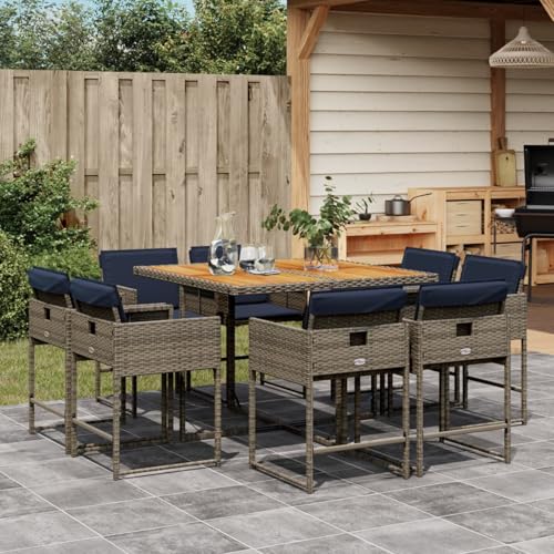 Homgoday 9-TLG. Garten-Essgruppe mit Kissen Grau Poly Rattan Garten-Esstisch und Stühle Model3211382 von Homgoday