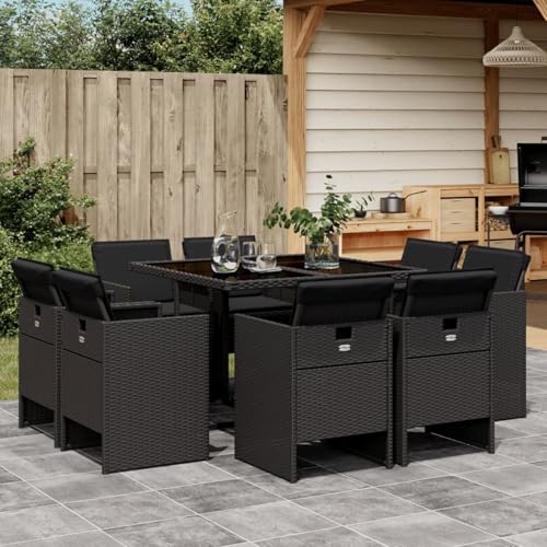 Homgoday 9-TLG. Garten-Essgruppe mit Kissen Möbelsets Gartenmöbel Set Balkonmöbel Sitzgruppe Gartentisch mit Stühle Terrassenmöbel Möbel für Garten Balkon Terrasse Schwarz Poly Rattan von Homgoday