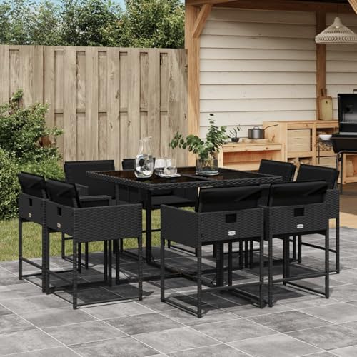 Homgoday 9-TLG. Garten-Essgruppe mit Kissen Schwarz Poly Rattan Garten-Esstisch und Stühle Model3211375 von Homgoday