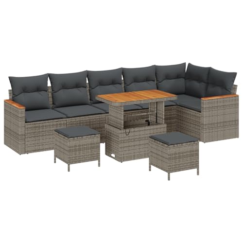 Homgoday 9-Teiliges Garten Sofa Set mit Kissen Grau Poly Rattan Akazie Lounge Möbel Outdoor von Homgoday