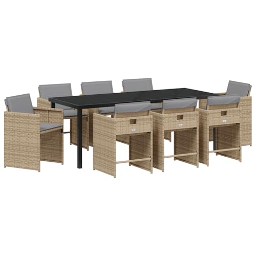 Homgoday 9-teilige Garten-Essgruppe mit Kissen Beige Poly-Rattan, Gartentisch Schwarz 200x80x73 cm Sicherheitsglas Outdoor M?Bel mit Sessel Model3380712 von Homgoday