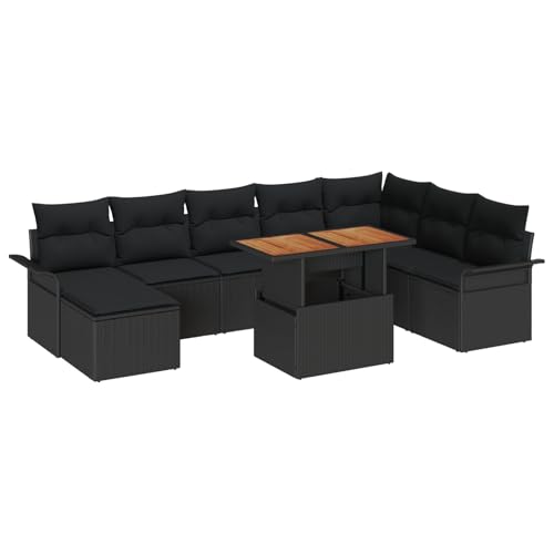 Homgoday 9-teiliges Garten Esstisch Set mit Kissen Schwarz Poly Rattan Akazie Outdoor M?Bel mit Sessel Model3349372 von Homgoday
