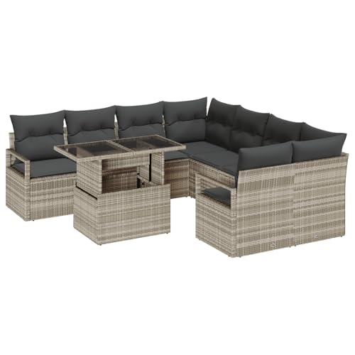 Homgoday 9-teiliges Garten Sofa Set mit Kissen, hellgrau, Poly-Rattan Lounge Möbel Outdoor von Homgoday