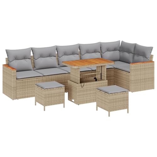 Homgoday 9-teiliges Garten Sofa Set mit Kissen Beige Poly Rattan Akazie Lounge Möbel Outdoor von Homgoday
