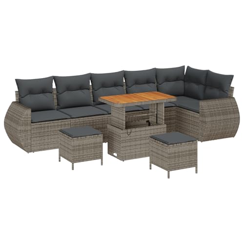 Homgoday 9-teiliges Garten Sofa Set mit Kissen Grau Poly Rattan Akazie Lounge Möbel Outdoor von Homgoday