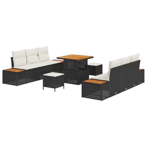Homgoday 9-teiliges Garten-Sofa Set mit Kissen Schwarz Poly Rattan Akazie Lounge Möbel Outdoor von Homgoday