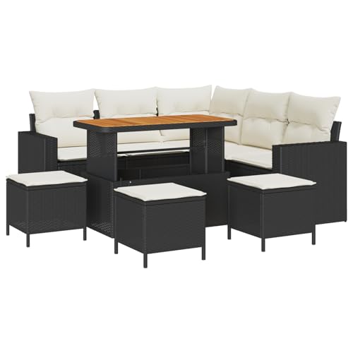 Homgoday 9-teiliges Garten Sofa Set mit Kissen Schwarzes Poly Rattan Akazie Lounge Möbel Outdoor von Homgoday