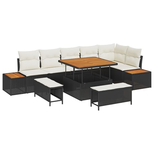 Homgoday 9-teiliges Garten Sofa Set mit Kissen schwarzes Poly Rattan Akazienholz Sofa Im Freien Model3362925 von Homgoday