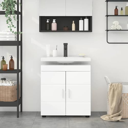 Homgoday Badezimmer Waschbecken Schrank Hochglanz-Weiß 60 x 34 x 63 cm Badezimmerschränke Model880325 von Homgoday