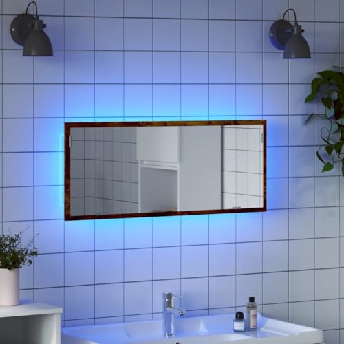 Homgoday Badezimmerschrank, moderner Badezimmerschrank, Badezimmerspiegel, LED, Holztechnik, rauchige Eiche, 100 x 8,5 x 37 cm von Homgoday